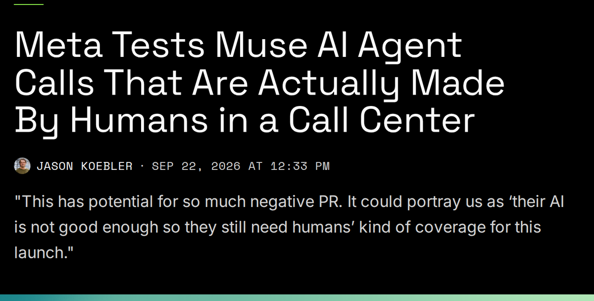 그림 3 — 404 미디어 기사 머리 「Meta Tests Muse AI Agent Calls That Are Actually Made By Humans in a Call Center」 · 2026-09-22