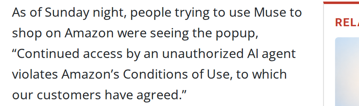 그림 4 — GeekWire 기사 속 아마존 경고 문구 화면 「Continued access by an unauthorized AI agent violates Amazon's Conditions of Use…」